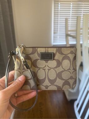 Coach Brown/Tan Signature Canvas Wristlet with Leather Strap